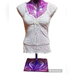 Large 90s Vintage Y2K Paris Blues Cherry Print White Stretchy Peasant Top